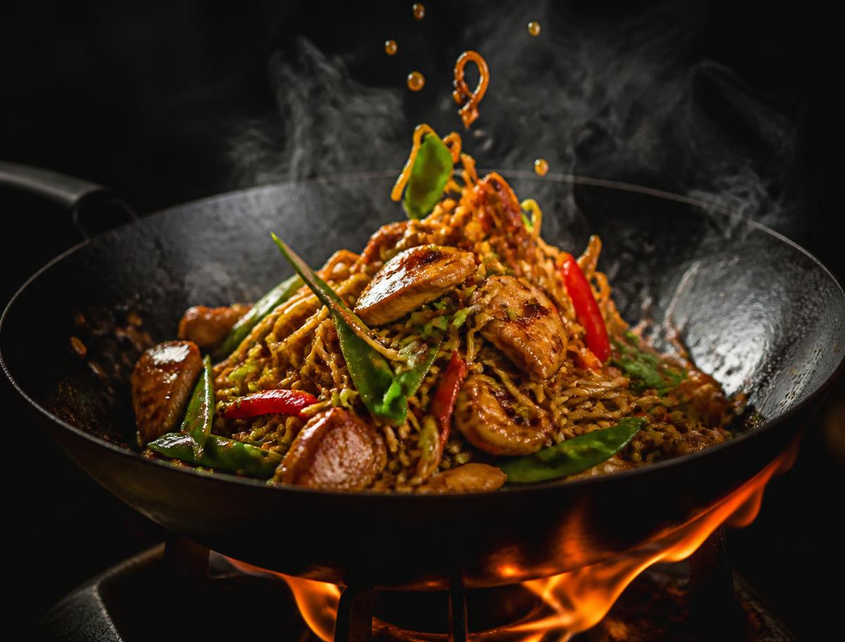 Wokad nudelrätt i het wokpanna